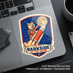 To The Barkside Retro Badge Sticker | Shiba Inu Rocket Rider | Vintage Space Dog Patch | Moon Sticker